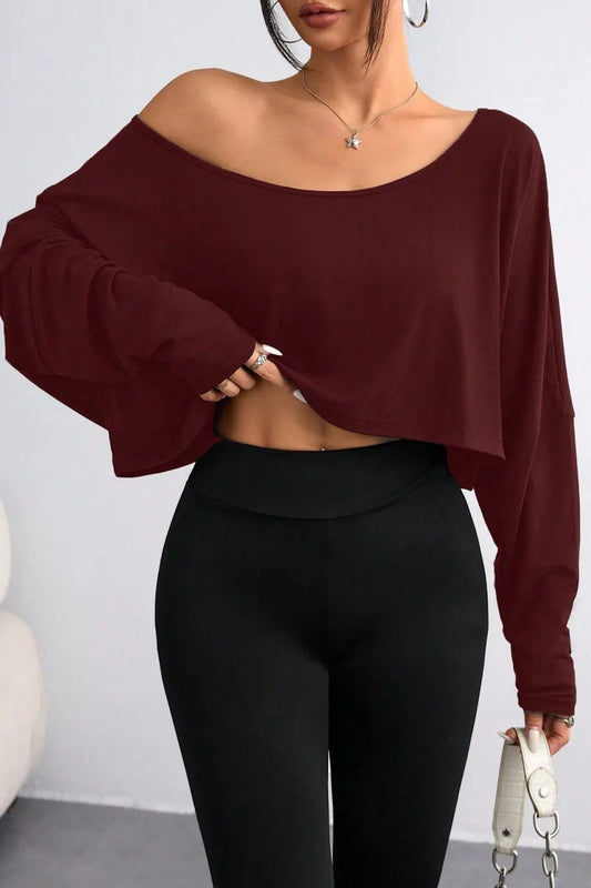 Women’s Loose Collar Long-Sleeve Crop T-Shirt